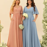 Abito Lungo in Chiffon Elegante – Silhouette Fluida A-Line con Spacco Laterale e Volant