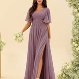 Abito Lungo in Chiffon Elegante – Silhouette Fluida A-Line con Spacco Laterale e Volant