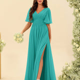 Abito Lungo in Chiffon Elegante – Silhouette Fluida A-Line con Spacco Laterale e Volant