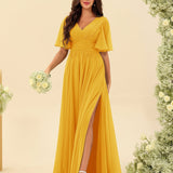 Abito Lungo in Chiffon Elegante – Silhouette Fluida A-Line con Spacco Laterale e Volant