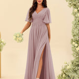 Abito Lungo in Chiffon Elegante – Silhouette Fluida A-Line con Spacco Laterale e Volant
