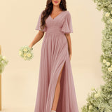 Abito Lungo in Chiffon Elegante – Silhouette Fluida A-Line con Spacco Laterale e Volant