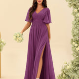 Abito Lungo in Chiffon Elegante – Silhouette Fluida A-Line con Spacco Laterale e Volant