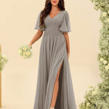 Abito Lungo in Chiffon Elegante – Silhouette Fluida A-Line con Spacco Laterale e Volant