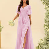 Abito Lungo in Chiffon Elegante – Silhouette Fluida A-Line con Spacco Laterale e Volant