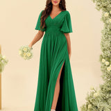 Abito Lungo in Chiffon Elegante – Silhouette Fluida A-Line con Spacco Laterale e Volant