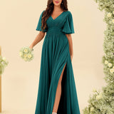 Abito Lungo in Chiffon Elegante – Silhouette Fluida A-Line con Spacco Laterale e Volant