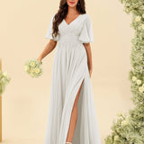 Abito Lungo in Chiffon Elegante – Silhouette Fluida A-Line con Spacco Laterale e Volant