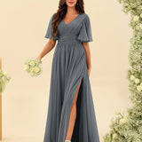 Abito Lungo in Chiffon Elegante – Silhouette Fluida A-Line con Spacco Laterale e Volant