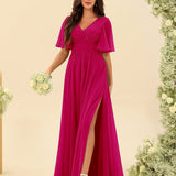 Abito Lungo in Chiffon Elegante – Silhouette Fluida A-Line con Spacco Laterale e Volant
