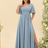 Abito Lungo in Chiffon Elegante – Silhouette Fluida A-Line con Spacco Laterale e Volant