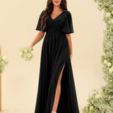 Abito Lungo in Chiffon Elegante – Silhouette Fluida A-Line con Spacco Laterale e Volant