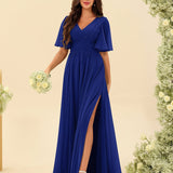 Abito Lungo in Chiffon Elegante – Silhouette Fluida A-Line con Spacco Laterale e Volant