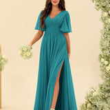 Abito Lungo in Chiffon Elegante – Silhouette Fluida A-Line con Spacco Laterale e Volant