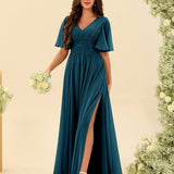 Abito Lungo in Chiffon Elegante – Silhouette Fluida A-Line con Spacco Laterale e Volant