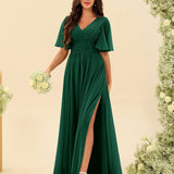 Abito Lungo in Chiffon Elegante – Silhouette Fluida A-Line con Spacco Laterale e Volant