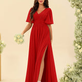 Abito Lungo in Chiffon Elegante – Silhouette Fluida A-Line con Spacco Laterale e Volant