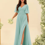 Abito Lungo in Chiffon Elegante – Silhouette Fluida A-Line con Spacco Laterale e Volant