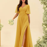 Abito Lungo in Chiffon Elegante – Silhouette Fluida A-Line con Spacco Laterale e Volant