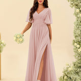 Abito Lungo in Chiffon Elegante – Silhouette Fluida A-Line con Spacco Laterale e Volant