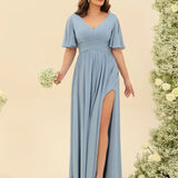 Abito Lungo in Chiffon Elegante – Silhouette Fluida A-Line con Spacco Laterale e Volant