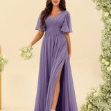 Abito Lungo in Chiffon Elegante – Silhouette Fluida A-Line con Spacco Laterale e Volant