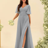 Abito Lungo in Chiffon Elegante – Silhouette Fluida A-Line con Spacco Laterale e Volant