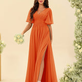 Abito Lungo in Chiffon Elegante – Silhouette Fluida A-Line con Spacco Laterale e Volant
