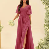 Abito Lungo in Chiffon Elegante – Silhouette Fluida A-Line con Spacco Laterale e Volant