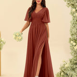 Abito Lungo in Chiffon Elegante – Silhouette Fluida A-Line con Spacco Laterale e Volant