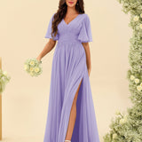 Abito Lungo in Chiffon Elegante – Silhouette Fluida A-Line con Spacco Laterale e Volant