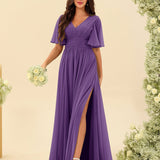 Abito Lungo in Chiffon Elegante – Silhouette Fluida A-Line con Spacco Laterale e Volant
