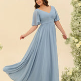 Abito Lungo in Chiffon Elegante – Silhouette Fluida A-Line con Spacco Laterale e Volant