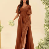 Abito Lungo in Chiffon Elegante – Silhouette Fluida A-Line con Spacco Laterale e Volant