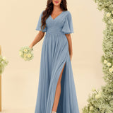 Abito Lungo in Chiffon Elegante – Silhouette Fluida A-Line con Spacco Laterale e Volant