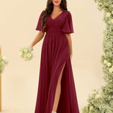 Abito Lungo in Chiffon Elegante – Silhouette Fluida A-Line con Spacco Laterale e Volant