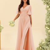 Abito Lungo in Chiffon Elegante – Silhouette Fluida A-Line con Spacco Laterale e Volant
