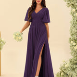 Abito Lungo in Chiffon Elegante – Silhouette Fluida A-Line con Spacco Laterale e Volant