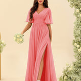Abito Lungo in Chiffon Elegante – Silhouette Fluida A-Line con Spacco Laterale e Volant