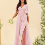 Abito Lungo in Chiffon Elegante – Silhouette Fluida A-Line con Spacco Laterale e Volant