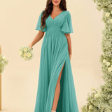 Abito Lungo in Chiffon Elegante – Silhouette Fluida A-Line con Spacco Laterale e Volant