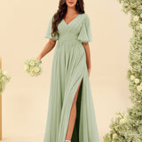 Abito Lungo in Chiffon Elegante – Silhouette Fluida A-Line con Spacco Laterale e Volant