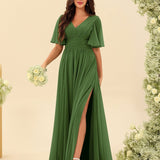 Abito Lungo in Chiffon Elegante – Silhouette Fluida A-Line con Spacco Laterale e Volant