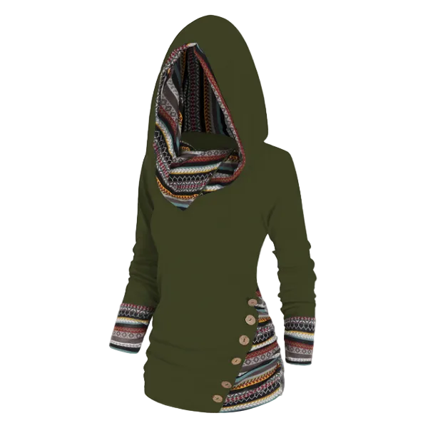 Felpa da donna con cappuccio in pile e motivo tribale – Pullover lungo per comodi look casual a strati