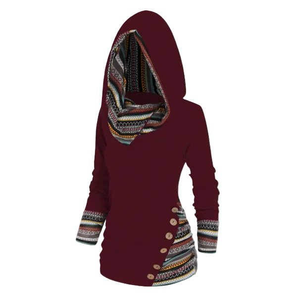 Felpa da donna con cappuccio in pile e motivo tribale – Pullover lungo per comodi look casual a strati