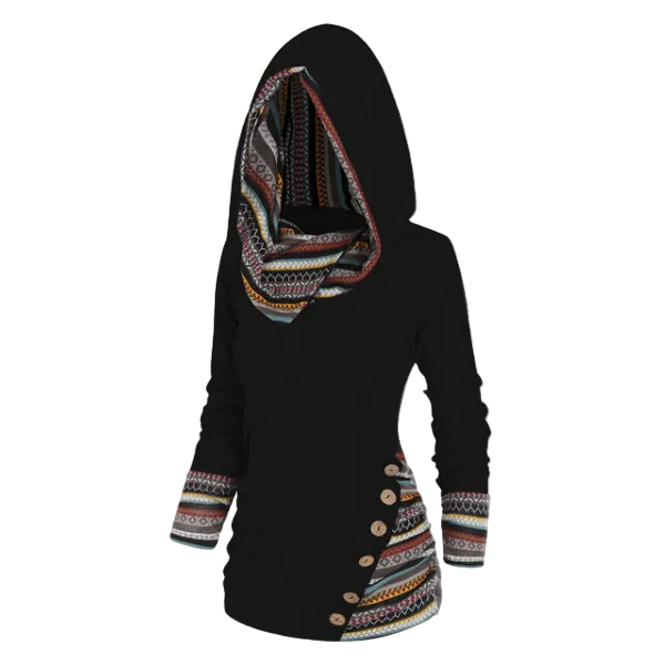 Felpa da donna con cappuccio in pile e motivo tribale – Pullover lungo per comodi look casual a strati