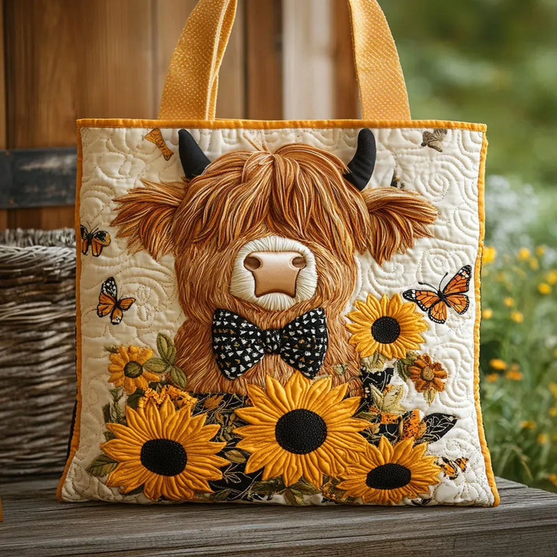 Borsa trapuntata - Mucca delle Highlands e Girasoli