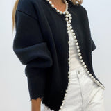 Cardigan da donna in maglia impreziosito da perle – Elegante maglia a maniche lunghe in misto cotone