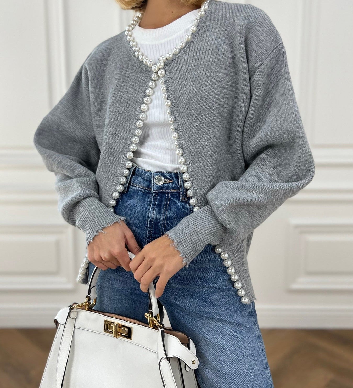 Cardigan da donna in maglia impreziosito da perle – Elegante maglia a maniche lunghe in misto cotone