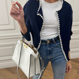Cardigan da donna in maglia impreziosito da perle – Elegante maglia a maniche lunghe in misto cotone